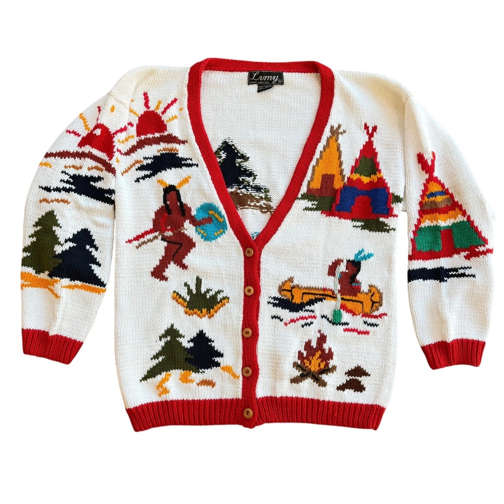 Lumy Hand Knitted Native American Scene Cardigan Sweater M‎ Cotton